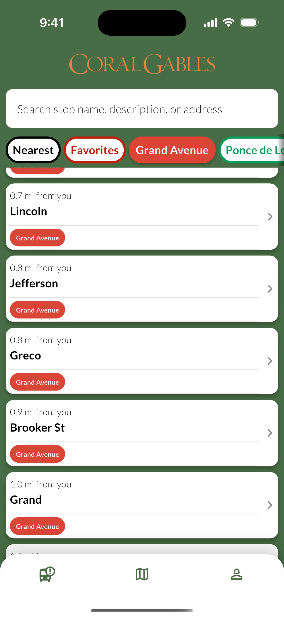App screen showing stop search results and route filters